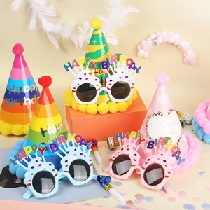 Colorful Birthday Hat Crown Funny Glasses Happy Birthday Party Supplies Photograph Props Kids Adult Paper Hat Funny Glasses