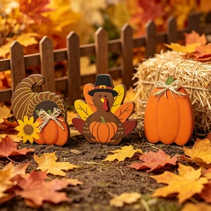 3PCS Fall/Thanksgiving Wood Decor: Cornucopia, Turkey W/pumpkin, Plain Pumpkin. for Parties, Weddings, Reunions, Table.