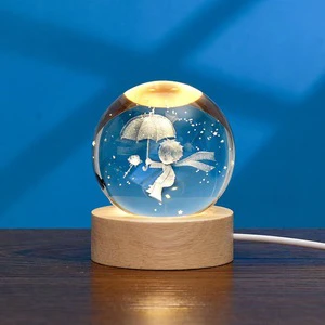 Modern 3D Nebula Solar Artwork Engraved Rubber Wood Base Crystal Ball Night Light Lamp Multi-Occasion Home Decor