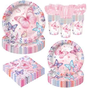 New Arrives Pink Purple Butterfly Theme Children's Birthday Party Tableware Disposable Paper Plates Towels Tablecloth Customize