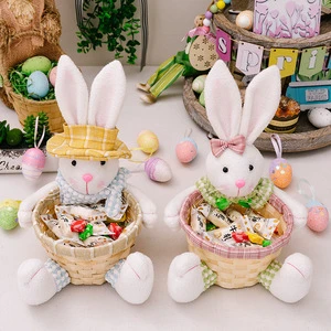 New Easter Decor Cartoon Plaid Fabric Rabbit Doll Candy Woven Basket Creative Tabletop Decoration for Easter Holiday Supplies