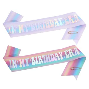 Gradient Glitter Fabric Shoulder Strap Sash with Diamond Pin for Birthday and Party