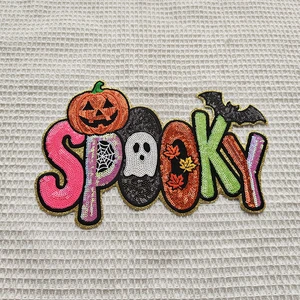 Custom Halloween Spooky Sequin Patch Large Pumpkin Ghost Bat Maple Leaf Embroidery Applique For Jacket Hoodie Bag DIY