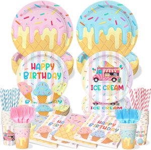 FDA Approved 350gsm White CMYK Ice Cream Happy Birthday Round Disposable Plate 7 Inches For Party Supplies