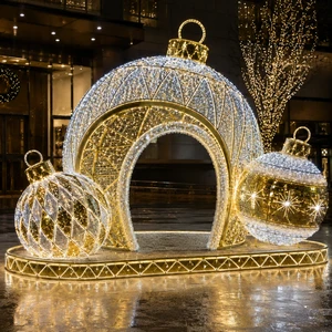 Festive Event Lighting CE UL Certified Arch Gate Set Warm Gold LED Shopping Mall Massive Christmas Ball Arch Motif LED Light