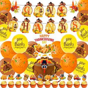 Autumn Thanksgiving Fall Harvest Party Decor Kit PVC Banner Cake Picks Hanging Swirl Balloon Set for Home Decoration
