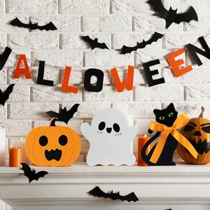Factory Wholesale 3pcs Horror Ghost Pumpkin Bat Shaped Desktop Wooden Crafts Halloween Home Decorations