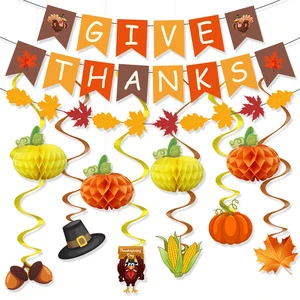 Wholesale Set of Thanksgiving Harvest Party Decorations Including Maple Leaf Banners Garlands and Pumpkin Honeycomb Ornaments
