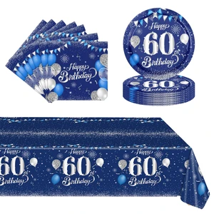 POPOYU 60-80 Pcs Navy Blue Silver 60th Birthday Paper Tableware Set with Napkins & Tablecloth Unisex Party Supplies
