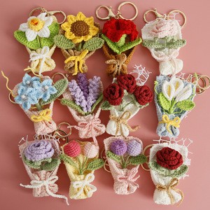 Cute Cartoon Soft Plush Handmade Crocheted Rose Tulip Sunflower 3D Bouquet Carabiner Keychain Pendant