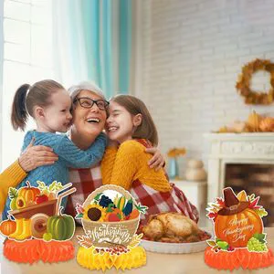 Autumn Thanksgiving Themed Tableware Set Spiral Hanging Banner & Desktop Honeycomb Decoration for Party