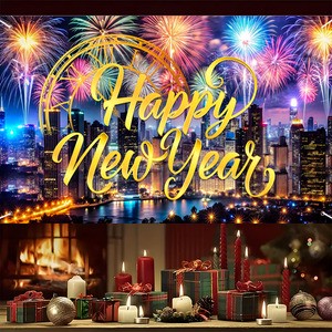 New Year Party Banner - Fireworks and Balloons Decoration Backdrop 100% Polyester Birthday Wedding Hanging Decoration