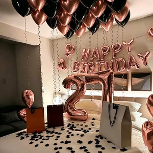 Black Rose Gold Happy Birthday Balloon Kit Number 27 Heart Foil Balloons Adult 27th Birthday Room Decor Globos