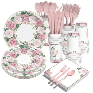 Customized Wholesale Kids Party Supplies Rose Theme Decorations Printed Party Supplies Kits Birthday Party Tableware Sets