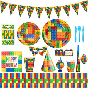 Building Block Birthday Party Set Children's Game Square Paper Cup Birthday Party Supplies Disposable Birthday Tableware