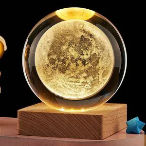 MH-Q0198 3D Laser Engraved K9 Crystal Ball 6cm 8cm LED Light-Up Milky Way Glass Crystal Ball With Wood Base For Souvenir Gifts