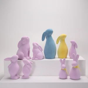 Factory Direct Easter Table Decoration Realistic Ceramic Flocked Rabbit Pink Easter Bunny Easter Holiday Decor Children's Gift