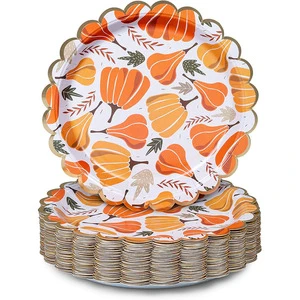 Thanksgiving Disposable Plates Fall Pumpkins Paper Plates Autumn Maple Leaf Round Tableware Harvest Thanksgiving Party Supplies
