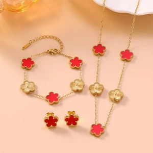 Wholesale 18K Gold Plated Stainless Steel Five Clover Interval Color 3pcs Jewelry Set Earrings Bracelet Necklace for Women Gift