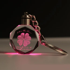 New Fashion Creative Luxury Polished Clear Octagon Small Gifts 3D Laser Engraving Crystal Glass Led Keychain for Mother's Day