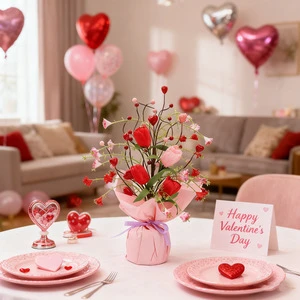 Wholesale Valentine's Day Flower Decoration With Artificial Heart Shaped Berry and 2 Roll Ribbons for Valentine's Day Gift