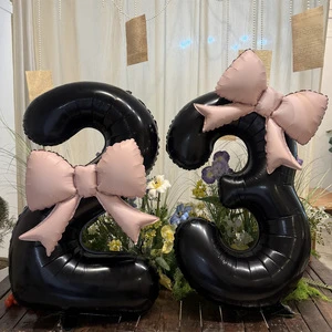 40 Inch Black Number Foil Balloon Two Pink Bows Anniversary Atmosphere Decoration Birthday Party Supplies