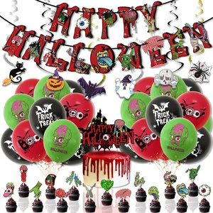 Halloween Haunted House Party Supplies Creepy Skeleton Banners Witch Hat Cake Flags Balloon Garland for Horror Themed Bar Decor