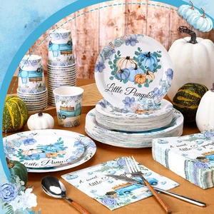 Blue Small Pumpkin Truck Graphic Party Tableware Supplies Set Kids Baby Shower Thanksgiving Fall Party Supplies