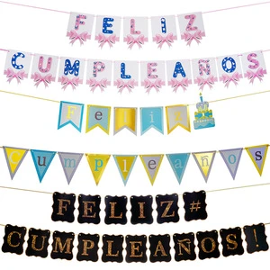 Factory Wholesale Spanish Version Gold Foil Paper Banner Adult Children's Birthday Hanging Flag Decoration Supplies