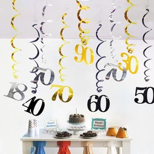 12pcs Hot Selling 18-100th Birthday PVC Spiral Ornaments Pull Flag Eco-friendly Non-Toxic Reusable Customizable Party Decoration
