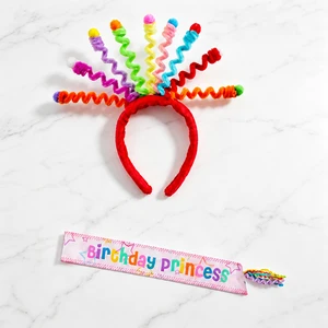 Whimsical Plush Pom Pom Birthday Headband & Sash Set for Girls Hot Selling Colorful Party Crown with Shoulder Straps