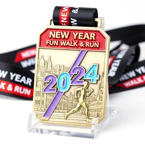 Rectangular Soft Enamel New Year Fun Walk Run Sports Medal With 3D Runner Silhouette Custom Finisher Award