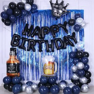 Black and Blue Party Decorations Happy Birthday for Men Women Birthday Black Party Decor with Foil Fringe Curtains