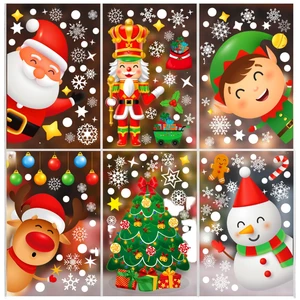 9 Sheets 200+Pcs Reusable Cartoon Style Christmas Window Stickers Matte Varnishing Santa Claus Christmas Tree Cling For Window
