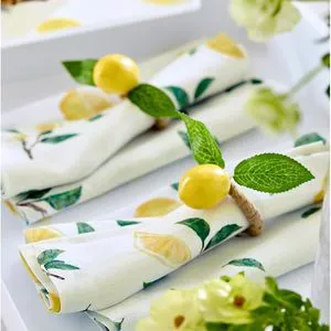 Easter - Inspired Cotton - Linen Lemon Print Napkins With Leaf Napkin Rings