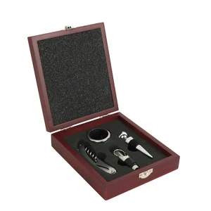 Wine Opener Gift Set With Black Wooden Box Includes Bottle Stopper Pourer & Wine Collar Sustainable Metal & Wood Custom Logo
