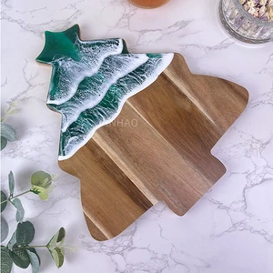Customized Logo Christmas Tree Wood Serving Board Acacia Wood And Resin Christmas Cutting Board
