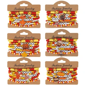 Fall Thanksgiving Day Maple Turkey Charms Soft Clay Beaded Multi-Layer Stretchy Stackable Bracelet Set for Harvest Festival Gift