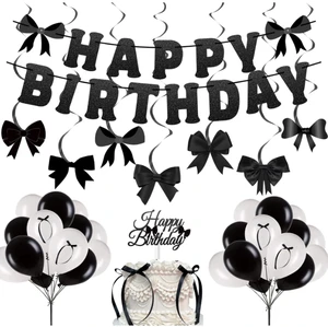 Pink/Black Bow Knot Happy Birthday Banner Flag Swirls Garland Cake Toppers Helium Printed Balloon for Adult Birthday Party Decor