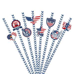 DAMAI Independence Day Straws Decorations 24pcs Party Straw with Stars and Flags Disposable Paper Straws for 4th of July Party