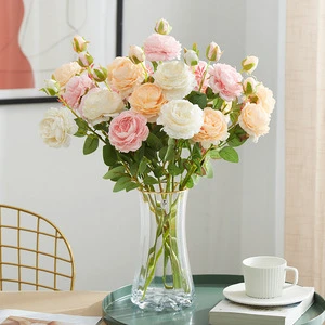 Wholesale High Quality Silk Plant Artificial 3-heads Rose Flowers for New Year Wedding Background Wall Arrangement Decoration