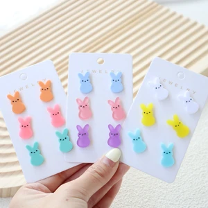 3 Pairs Easter Pastel Bunny Stud Earrings Colorful Mini Rabbit Acrylic Cartoon Cute Animal Holiday Jewelry Gifts For Women
