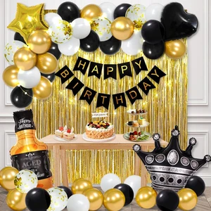 Black Gold Happy Birthday Party Set Fishtail Pull Flag Crown Rain Curtain Stars love Balloon Adult Birthday