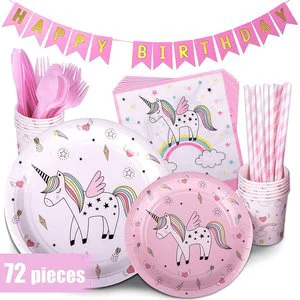 Party Supplies Unicorn Theme Design 4 Color UV Printed Paper Plate Cup Napkin Tableware Kid Birthday Party Decoration Sets 7/9