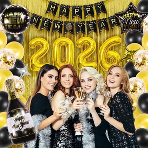 New 2026 Black Gold New Year Balloon Set with Happy New Year Banner and New Year Decoration