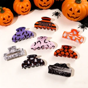 YHJ NEW Halloween Holiday Ghost Bat Black Cat Print PVC Hair Claw Clips For Women Korean Fashion Hair Accessories For Girls