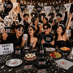 2027 New Year Party Supplies Black Silver Disposable Tableware Set Plates Cups Napkins Decorations for New Year Eve Celebration