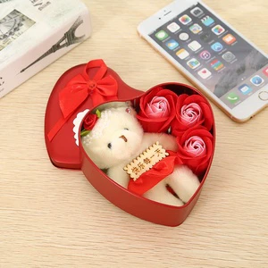 Valentine's Day Creative Gifts Love-Shaped Soap Flower Rose Preserved in Iron Box in Stock for Wholesale
