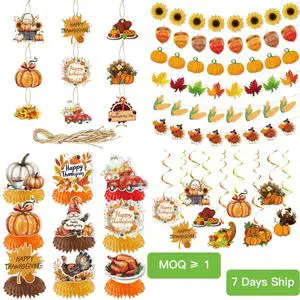 Thanksgiving Hanging Swirl Set Paper Party Decorations Turkey Pumpkin Honeycomb Ornaments Autumn Theme Maple Leaf Table Setting