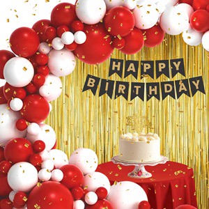Happy Birthday Decoration Red Kit | 45 PCS Red & White Balloons & Gold Foil Curtains | Birthday Party Decor for Kids & Adults